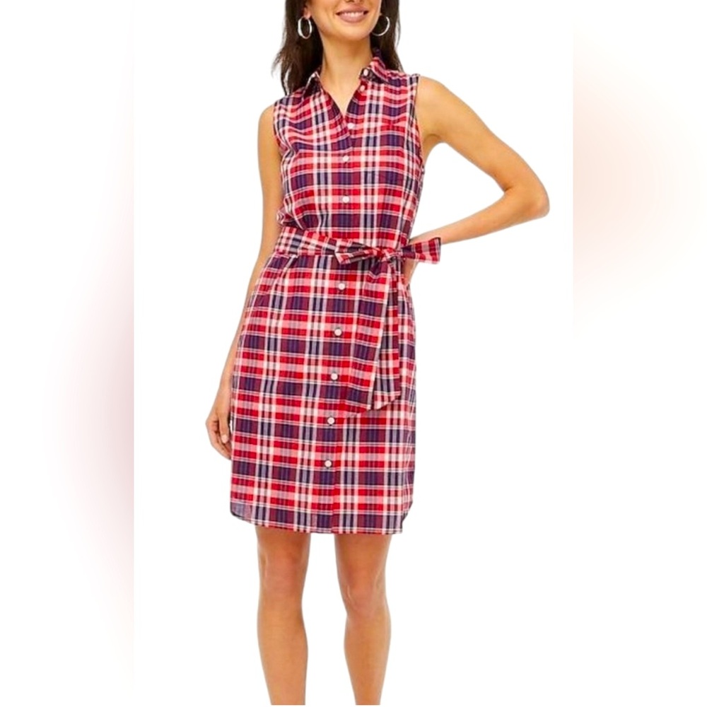 J.Crew Dress Womens Size 6 Red Checkered Sleeveless Belted Shirt Dress preppy
